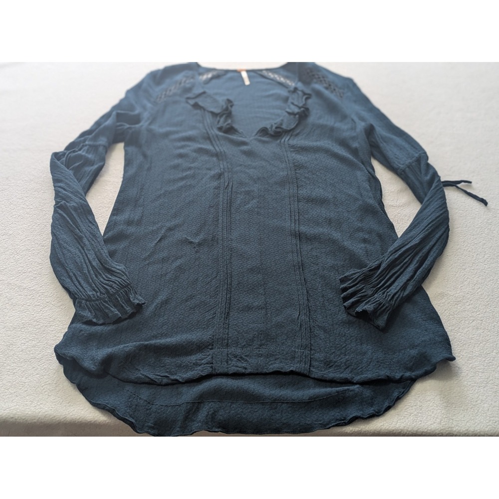 Free People Top V-Neck Ruffle Green Blue Teal Blouse Size XS‎ Tunic Sheer Ruffle